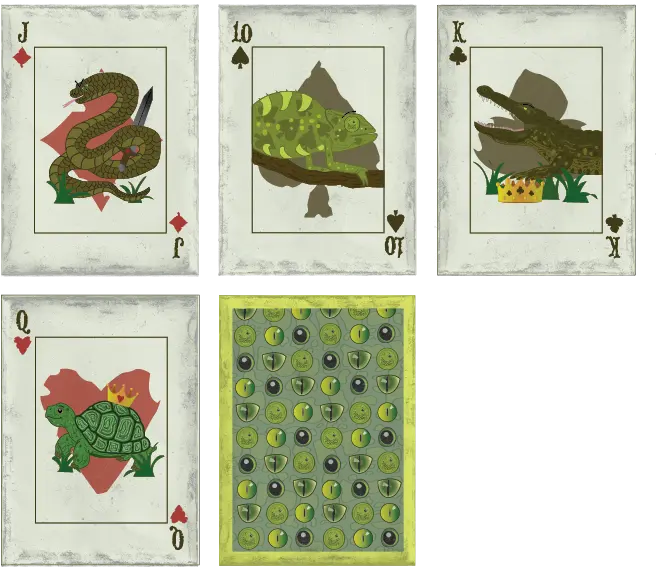 Playing card designs for K, Q, J, and 10